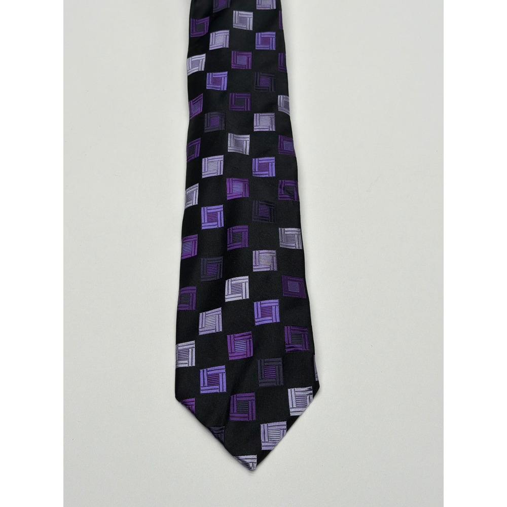 BCBG Attitude Mens Silk Tie Black Purple Grey Geometric Square Hand Sewn Classic